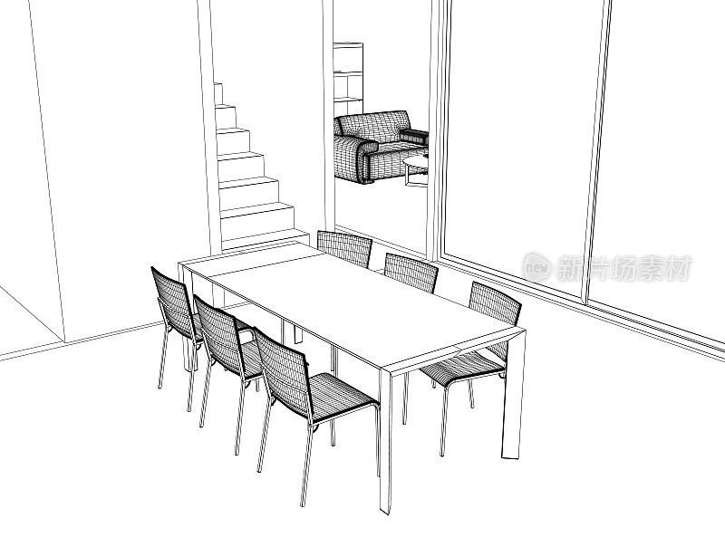 线框餐厅家庭内部图形黑白素描插图矢量。餐桌椅采用线框艺术画风。经典风格的餐厅家具。矢量插图。3 d。
